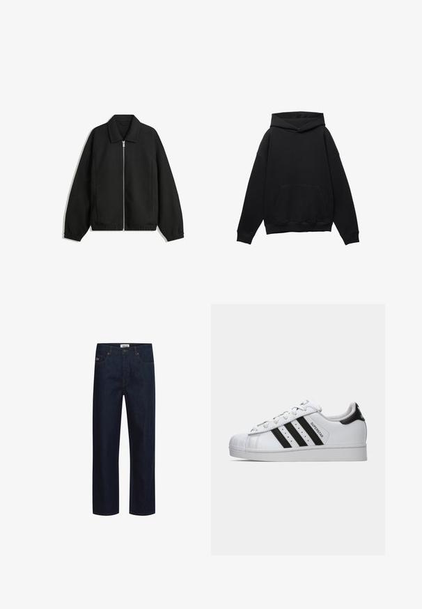 Črna jakna iz teksturirane tkanine, z dvostranskim zadrgo spredaj, ovratnikom in elastičnimi manšeti, sproščenega kroja in stranskimi žepi.; Črna kapuca iz mehkega materiala z sprednjim žepom, prevelikim krojem in kapuco z vrvico. Ima rebraste manšete in rob.; Temno modre kavbojke iz jeansa z ravnimi hlačnicami, z vpetimi petimi žepi, kontrastnim šivom in označeno etiketo na pasu.; Belo Adidas Superstar čevljek z črnimi črtami, zaščitnim konicami in napisom "Superstar" na strani, prikazan v levem profilu na belem ozadju.