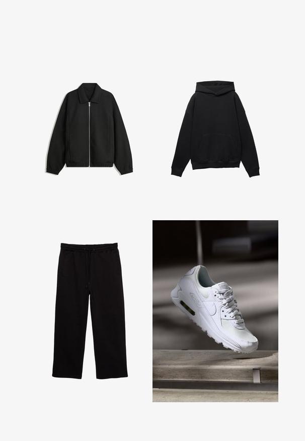 Svart jacka i strukturerad tyg, med full dragkedja framtill, krage och elastiska muddar, med en avslappnad passform och sidofickor.; Svart hoodie gjord av mjukt material med en framficka, oversized silhuett och en dragsko i huvan. Har ribbade muddar och nederkant.; Svarta sweatpants i mjukt tyg, med elastisk midja och snörning, två sidofickor och en avslappnad passform.; Vita Nike Air Max 90 sneakers med en ovandel i mesh och läder, perforerad tåbox och en synlig luftenhet i hälen.