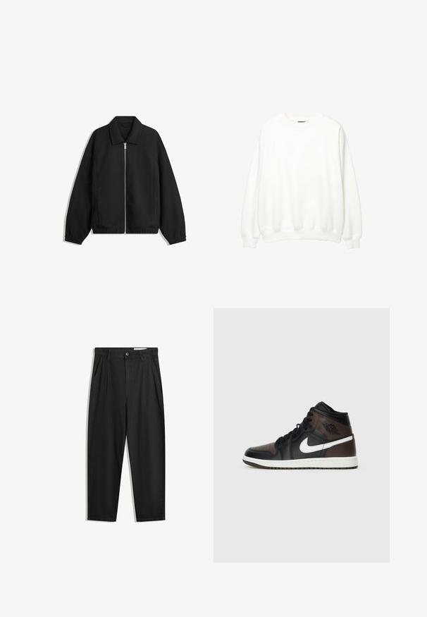 Veste noire en tissu texturé, dotée d'une fermeture éclair sur toute la longueur, d'un col et de poignets élastiques avec une coupe décontractée et des poches latérales.; Sweatshirt blanc, col ras du cou, manches longues, coupe décontractée. Tissu doux avec des poignets et un ourlet côtelés. Design minimaliste, sans logos ni motifs visibles.; Pantalon en coton noir avec une coupe décontractée, dotés d'une taille classique, de plis à l'avant et de poches latérales. Texture lisse sans motifs.; Baskets montantes noires et brunes avec dessus en cuir, logo en forme de swoosh blanc, bout perforé et semelle en caoutchouc. Comprend des lacets et un col noirs.