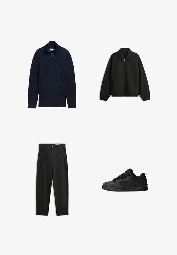 Schwarze Jacke aus strukturiertem Stoff, mit vollem Reißverschluss auf der Vorderseite, Kragen und elastischen Manschetten, im entspannten Schnitt und mit seitlichen Taschen.; Marinefarbener Strickpullover mit einem Halb-Reißverschluss-Kragen, gerippter Textur und gesprenkelten Details. Langärmlig mit umgeschlagenen Enden.; Schwarze Baumwollhose mit lockerem Schnitt, ausgestattet mit einem klassischen Bund, vorderen Falten und Seiten taschen. Glatte Textur ohne Muster.; Schwarze Sneaker mit strukturiertem Obermaterial, ausgestattet mit Schnürsenkeln, Mesh-Akzenten für Atmungsaktivität, gepolstertem Kragen und einer stabilen Laufsohle.