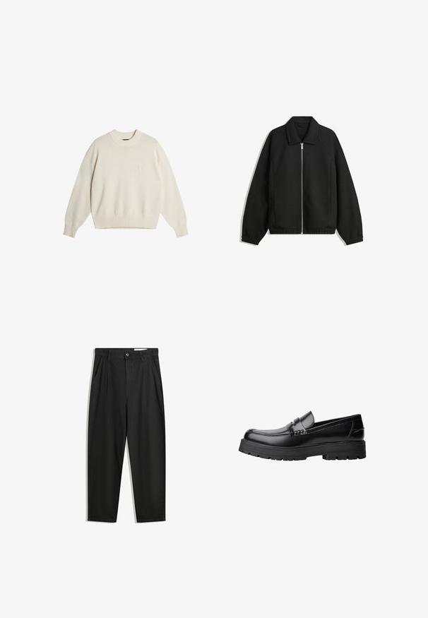 Czarna kurtka z teksturowanej tkaniny, z pełnym zamkiem z przodu, kołnierzem i elastycznymi mankietami, o luźnym kroju i kieszeniach po bokach.; Sweter w kolorze kremowym z okrągłym, prążkowanym dekoltem, opadającymi ramionami i prążkowanym dołem. Posiada subtelne logo wyszyte z przodu.; Czarne bawełniane spodnie o luźnym kroju, z klasycznym pasem, przednimi plisy oraz bocznymi kieszeniami. Gładka struktura, bez wzorów.; Czarne skórzane mokasyny z grubą, bieżnikowaną podeszwą i dekoracyjnym paskiem na górze, pokazane w lewym profilu na białym tle.
