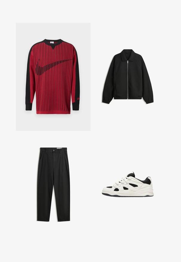 Czarna kurtka z teksturowanej tkaniny, z pełnym zamkiem z przodu, kołnierzem i elastycznymi mankietami, o luźnym kroju i kieszeniach po bokach.; Czerwona dzianinowa bluza z czarnymi pionowymi paskami, czarnymi rękawami i czarnym logo Nike. Posiada okrągły dekolt i prążkowane mankiety.; Czarne bawełniane spodnie o luźnym kroju, z klasycznym pasem, przednimi plisy oraz bocznymi kieszeniami. Gładka struktura, bez wzorów.; Białe i czarne buty sportowe z teksturowaną podeszwą, z wyciętymi wzorami po bokach oraz sznurowadłami, a także wyściełanym tyłem dla wsparcia.