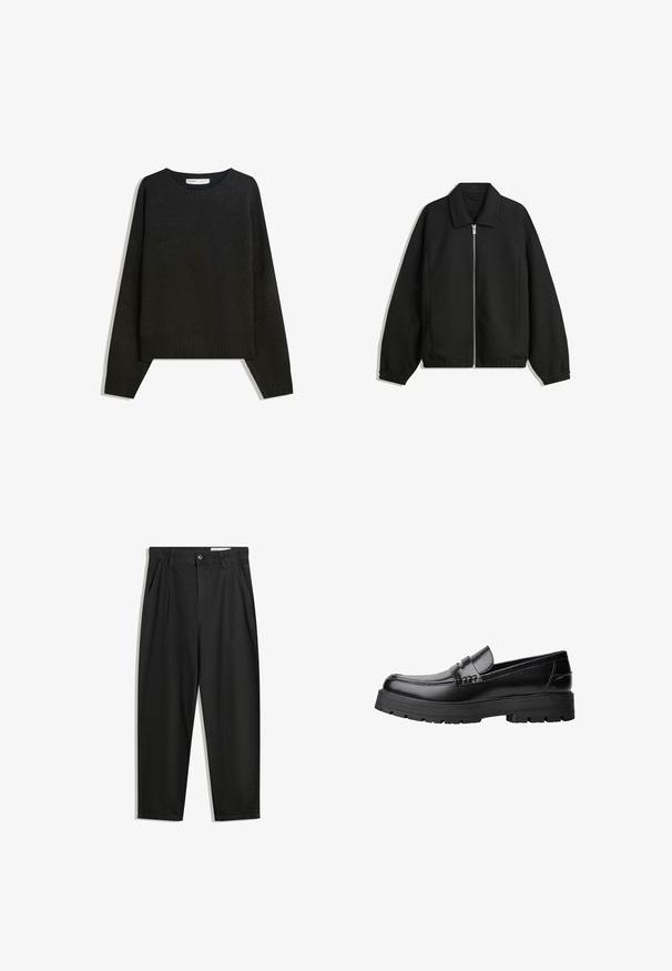 Fekete kabát texturált anyagból, teljes elöl cipzárral, gallérral és rugalmas mandzsettákkal, laza szabással és oldalsó zsebekkel.; Fekete kötött pulóver, kerek nyakkivágással, bordás mandzsettával és szegéllyel. A dizájn doboz alakú, ejtett vállakkal a laza illeszkedés érdekében.; Fekete pamut nadrág laza szabással, klasszikus derékrésszel, elülső hajtásokkal és oldalsó zsebekkel. Simább textúra minta nélkül.; Fekete bőr loaferek vastag, bordázott talppal és díszcsíkkal az upper rész felett, bal oldali profilmódban, fehér háttér előtt.