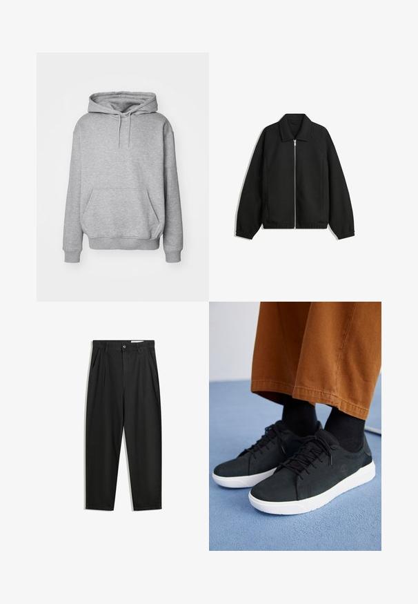 Jachetă neagră dintr-un material texturat, cu fermoar frontal complet, guler și manșete elastice, având o croială lejeră și buzunare laterale.; Hanorac gri dintr-un amestec moale de bumbac, dotat cu o mare buzunar frontal, șnururi ajustabile și manșete și tiv cu dantelă.; Pantaloni negri din bumbac cu croială lejeră, având un brâu clasic, plii frontale și buzunare laterale. Textură netedă fără modele.; Adidași negri din suede cu talpă din cauciuc albă, cu un design cu șireturi, accente texturate și branding subtil, asortați cu pantaloni maro.