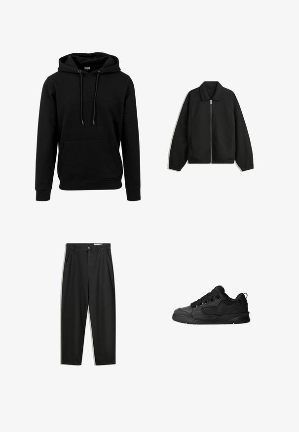 Crna jakna izrađena od teksturirane tkanine, s punim prednjim zatvaračem, ovratnikom i elastičnim manžetama, opuštenog kroja i bočnim džepovima.; Crna dukserica od mekog materijala, sa velikim prednjim džepom, vezicama i rebrastim manžetama i donjim rubom. Jednostavan, jednobojan dizajn.; Crne pamučne hlače s opuštenim krojem, s klasičnim pojasom, prednjim nabranjima i bočnim džepovima. Glatka tekstura bez uzoraka.; Crne tenisice s teksturiranim gornjim dijelom, sa vezicama, mrežastim detaljima za prozračnost, podstavljenim ovratnikom i čvrstim potplatima.