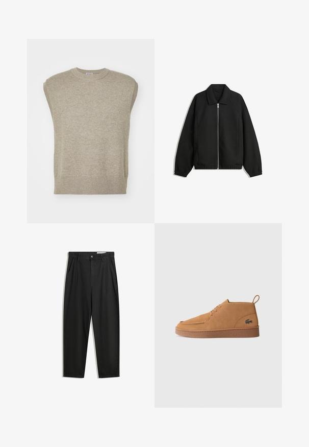 Sort jakke lavet af struktureret stof, med fuld frontlynlås, krave og elastiske mansjetter, i en afslappet pasform og sidelommer.; Strikket ærmeløs sweater i lys beige, med rund hals, ribbestrikket kant og enkelt design med glat tekstur.; Sorte bomuldsbukser med en afslappet pasform, der har en klassisk talje, frontfolder og sidelommer. Glat tekstur uden mønstre.; Brune suede snøresko til anklen med gummisål og træksløjfe, der har et signatur krokodillelogo på siden.