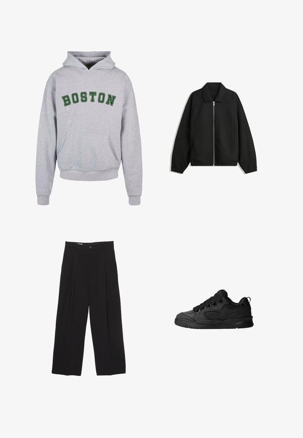 Černá bunda vyrobená z texturované látky, s plným předním zipem, límcem a elastickými manžetami, s volným střihem a bočními kapsami.; Šedá mikina s kapucí a přední kapsou, na které je nápis "BOSTON" v tmavě zeleném zakřiveném písmu přes hruď. Klasický design s kapucí na stažení.; Černé kalhoty širokého střihu vyrobené z hladké látky, s plochým pasem, předními záhyby a jedním knoflíkem na zapínání.; Černé tenisky s texturovaným svrškem, obsahující šněrování, síťované detaily pro prodyšnost, polstrovaný límec a pevnou podrážku.