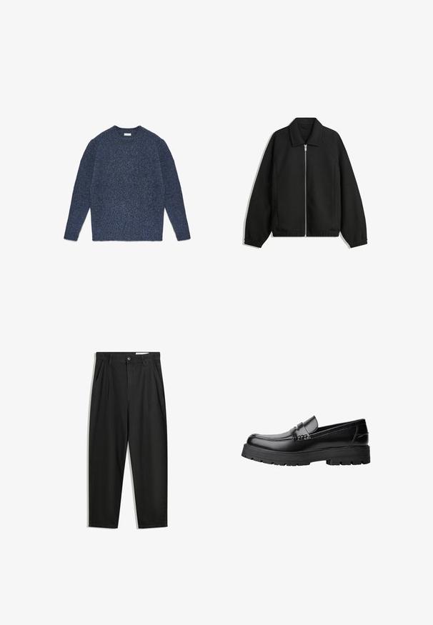 Schwarze Jacke aus strukturiertem Stoff, mit vollem Reißverschluss auf der Vorderseite, Kragen und elastischen Manschetten, im entspannten Schnitt und mit seitlichen Taschen.; Dunkelblauer Strickpullover mit Rundhalsausschnitt, langen Ärmeln und gerippten Bündchen. Strukturierter Stoff mit gepunktetem Muster.; Schwarze Baumwollhose mit lockerem Schnitt, ausgestattet mit einem klassischen Bund, vorderen Falten und Seiten taschen. Glatte Textur ohne Muster.; Schwarzer Lederloafer mit grobem, rutschfestem Sohlenprofil und dekorativem Riemen über der Oberseite, seitlich links auf weißem Hintergrund abgebildet.