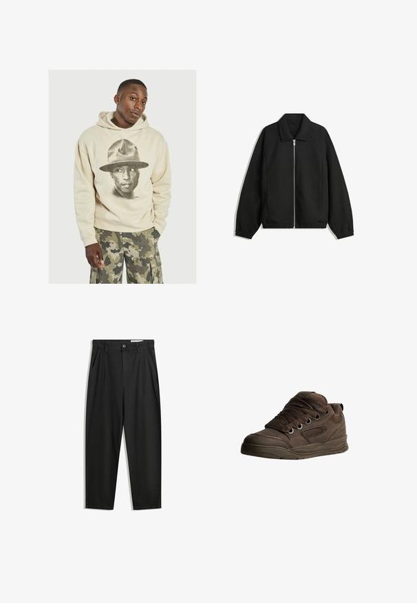 Black jacket made of textured fabric, featuring a full front zip, collar, and elastic cuffs with a relaxed fit and side pockets.; Beige hoodie with a large black and white graphic of a person wearing a hat. Cotton material with a soft texture. Loose fit and kangaroo pocket.; Black cotton trousers with a relaxed fit, featuring a classic waistband, front pleats, and side pockets. Smooth texture without patterns.; Brown athletic shoes made of smooth synthetic material. Features thick laces, mesh accents, padded collar, and textured rubber sole.