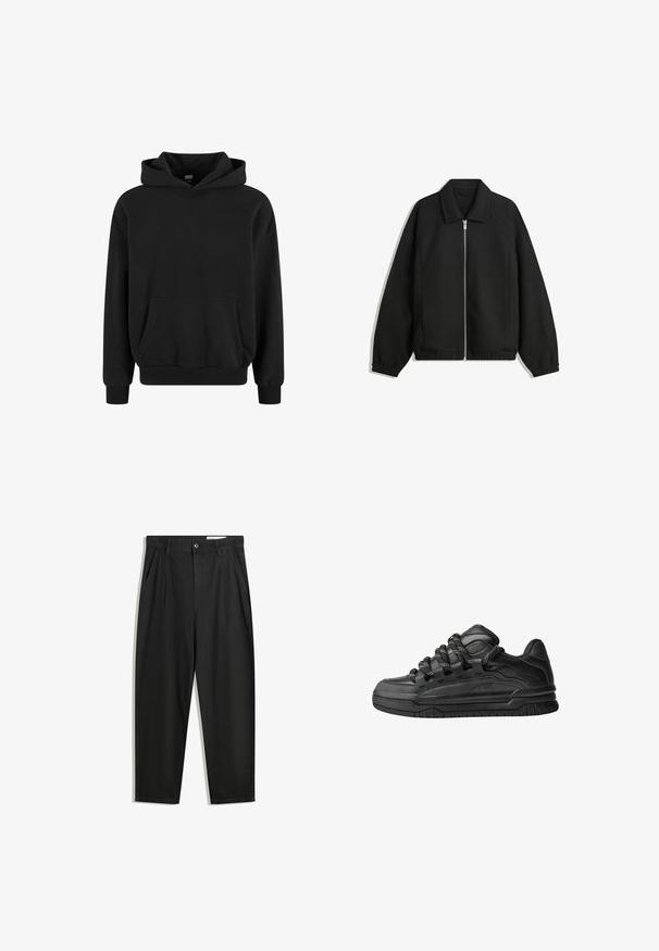 Giacca nera in tessuto texturizzato, con zip frontale a tutta lunghezza, colletto e polsini elasticizzati, dalla vestibilità rilassata e con tasche laterali.; Felpa nera con tasca a marsupio, maniche ampie e polsini e fondo a coste. Realizzata in tessuto morbido con una superficie liscia.; Pantaloni in cotone neri con una vestibilità rilassata, dotati di una vita classica, pieghe frontali e tasche laterali. Tessuto liscio senza fantasie.; Sneaker nere con una toma in pelle liscia, dettagli testurizzati e lacci tondi neri e bianchi. Suola spessa in gomma con battistrada gommato.