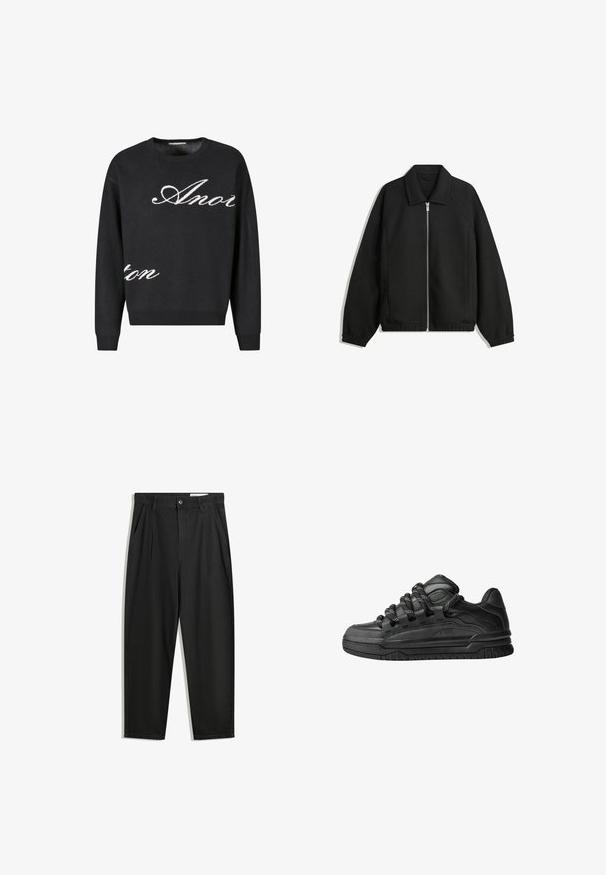 Schwarze Jacke aus strukturiertem Stoff, mit vollem Reißverschluss auf der Vorderseite, Kragen und elastischen Manschetten, im entspannten Schnitt und mit seitlichen Taschen.; Schwarzer Strickpullover mit Rundhalsausschnitt, der auf der Vorderseite weißen, kursiven Text "Anon" trägt. Rippstrickbündchen und -saum.; Schwarze Baumwollhose mit lockerem Schnitt, ausgestattet mit einem klassischen Bund, vorderen Falten und Seiten taschen. Glatte Textur ohne Muster.; Schwarze Sneakers mit einem glatten Leder-Obermaterial, strukturierten Akzenten und runden schwarz-weißen Schnürsenkeln. Dicke Gummisohle mit einem gemusterten Profil.