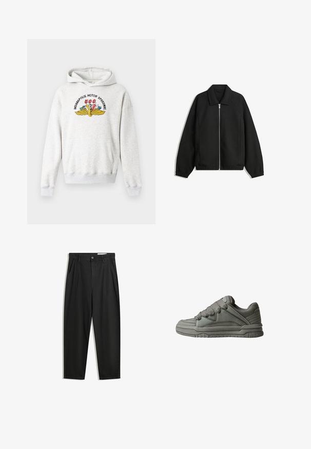 Giacca nera in tessuto texturizzato, con zip frontale a tutta lunghezza, colletto e polsini elasticizzati, dalla vestibilità rilassata e con tasche laterali.; Felpa grigia realizzata in un morbido misto cotone. Presenta una tasca frontale, polsini a coste e un colorato logo dell'Indianapolis Motor Speedway sul petto.; Pantaloni in cotone neri con una vestibilità rilassata, dotati di una vita classica, pieghe frontali e tasche laterali. Tessuto liscio senza fantasie.; Scarpa sportiva grigia con tomaia in pelle testurizzata e rete, suola in gomma spessa e linguetta e lati ben imbottiti. Includono lacci e dettagli laterali.