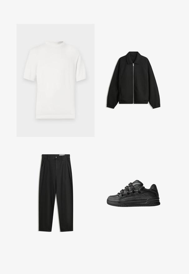 Schwarze Jacke aus strukturiertem Stoff, mit vollem Reißverschluss auf der Vorderseite, Kragen und elastischen Manschetten, im entspannten Schnitt und mit seitlichen Taschen.; Weißes kurzärmliges Strick-T-Shirt mit rundem Halsausschnitt, das eine glatte Textur und Rippenelemente am Kragen und Saum aufweist.; Schwarze Baumwollhose mit lockerem Schnitt, ausgestattet mit einem klassischen Bund, vorderen Falten und Seiten taschen. Glatte Textur ohne Muster.; Schwarze Sneakers mit einem glatten Leder-Obermaterial, strukturierten Akzenten und runden schwarz-weißen Schnürsenkeln. Dicke Gummisohle mit einem gemusterten Profil.