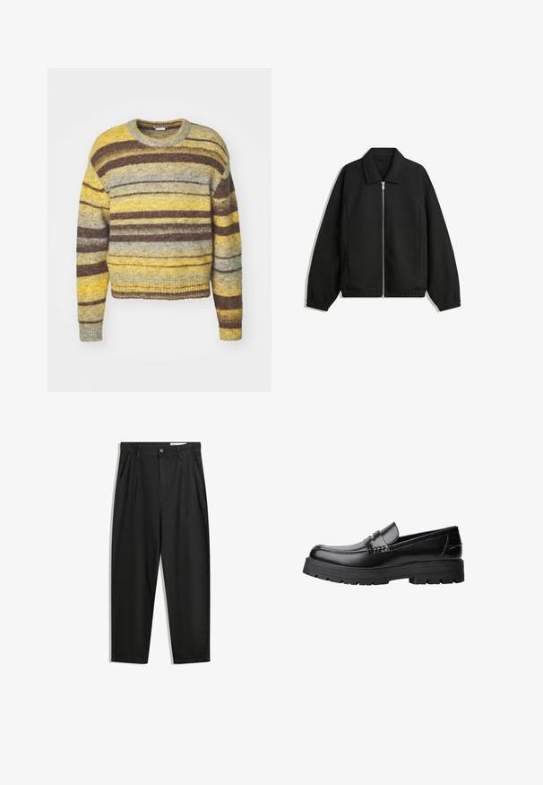 Čierna bunda vyrobená z textúrovaného materiálu, s plným predným zipsom, golierom a elastickými manžetami, so voľnejším strihom a bočnými vreckami.; Pruhovaný sveter s okrúhlym výstrihom, v odtieňoch žltej, sivej a hnedé. Vyrobený z textúrovanej pleteniny, s dlhými rukávmi.; Čierne bavlnené nohavice s voľným strihom, s klasickým pásom, prednými záhybmi a bočnými vreckami. Hladká textúra bez vzorov.; Čierne kožené mokasíny s masívnou podrážkou a dekoratívnym pásom cez hornú časť, zobrazené z ľavého bočného profilu na bielom pozadí.