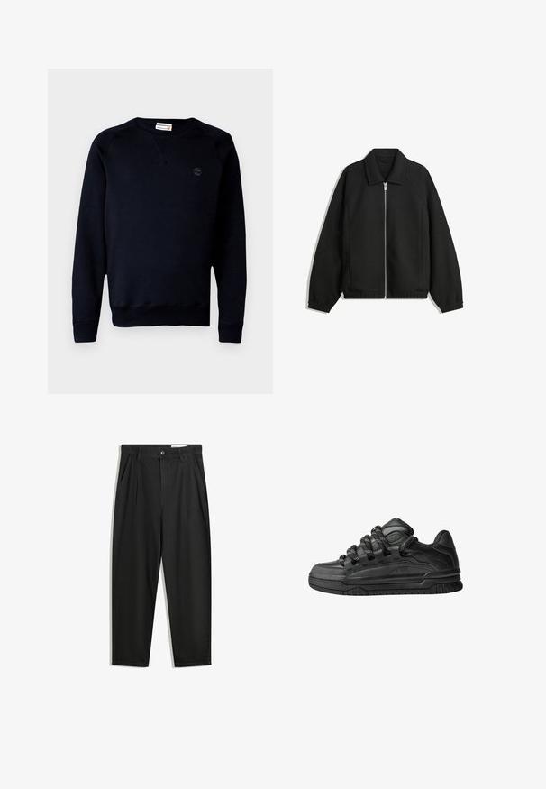 Czarna kurtka z teksturowanej tkaniny, z pełnym zamkiem z przodu, kołnierzem i elastycznymi mankietami, o luźnym kroju i kieszeniach po bokach.; Czarny sweter wykonany z mieszanki bawełny, z okrągłym dekoltem, długimi rękawami, ściągaczami na mankietach oraz małym logo na piersi.; Czarne bawełniane spodnie o luźnym kroju, z klasycznym pasem, przednimi plisy oraz bocznymi kieszeniami. Gładka struktura, bez wzorów.; Czarne sneakersy z gładką skórzaną cholewką, teksturowanymi akcentami i okrągłymi czarno-białymi sznurowadłami. Gruba gumowa podeszwa z wzorzystym bieżnikiem.