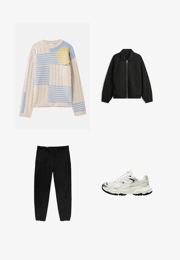 Zwarte jas van textuurstof, met een volledige rits aan de voorkant, een kraag, elastische manchetten, een ontspannen pasvorm en zijzakken.; Beige gebreide trui met kabelbrei-textuur, blauwe en gele strepen, ronde hals en geribbelde mouwen en onderkant.; Zwarte elastische taillebandbroeken met een trekkoord, taps toelopende benen, zijzakken en subtiele stiksels aan de zijkanten. Zachte katoenachtige stof.; Witte sneaker met een bovenkant van gaas, zilveren accenten, zwarte zool en textuurpanelen. Bevat een vetersluiting en een afgeronde neus.