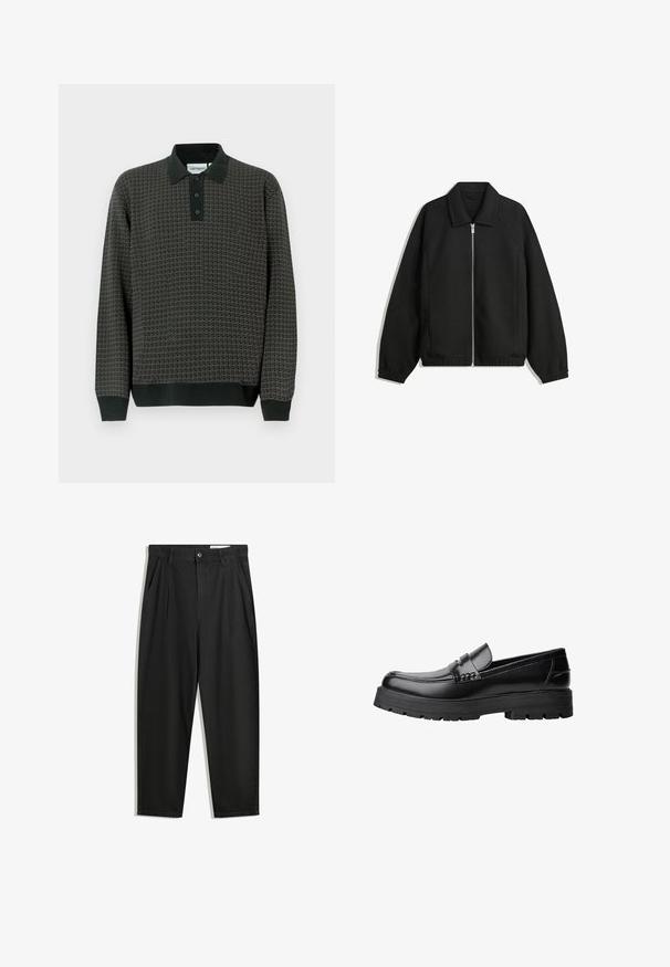 Černá bunda vyrobená z texturované látky, s plným předním zipem, límcem a elastickými manžetami, s volným střihem a bočními kapsami.; Tmavě šedá vzorovaná polokošile s dlouhými rukávy, černým límcem, zapínáním na tři knoflíky a žebrovanými manžetami na rukávech a spodním lemu.; Černé bavlněné kalhoty s uvolněným střihem, klasickým pasem, předními záhyby a bočními kapsami. Hladká textura bez vzorů.; Černé kožené mokasíny s masivní podrážkou a dekoračním páskem přes horní část, zobrazené v levém bočním profilu na bílém pozadí.