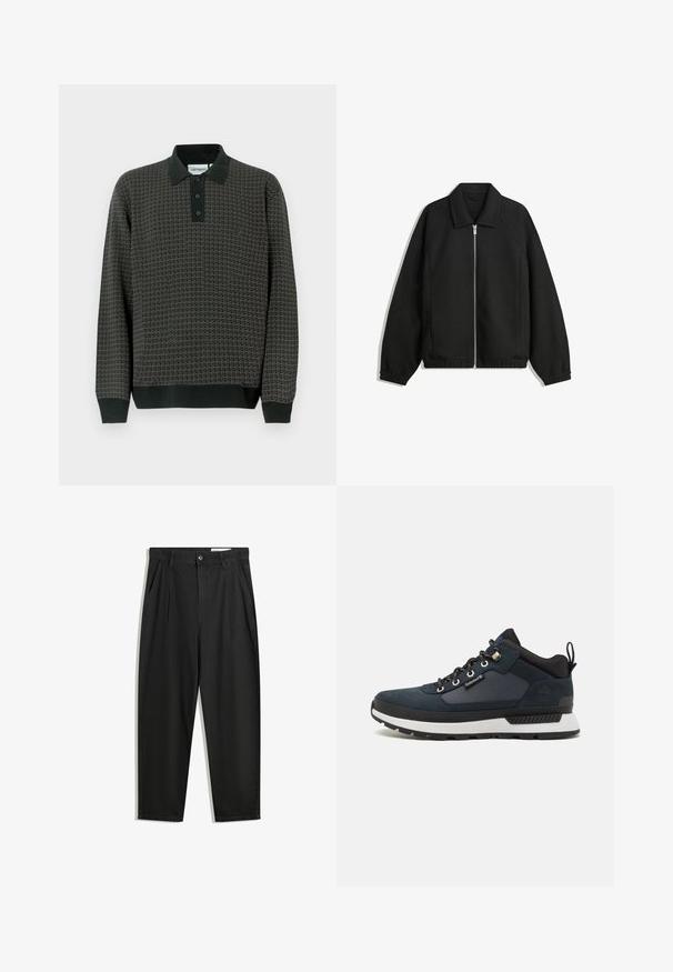 Musta takki, joka on valmistettu teksturoidusta kankaasta ja jossa on koko etuvetoketju, kaulus ja joustavat hihansuut. Takissa on rento istuvuus ja sivutaskut.; Tummanharmaa kuvioitu pitkähihainen polo paita mustalla kauluksella, kolme nappia edessä ja ribbireunat hihoissa sekä helmassa.; Mustat puuvillahousut rentoa mallia, joissa on klassinen vyötärö, etukangastukset ja sivutaskut. Sileä pinta ilman kuvioita.; Tummansininen vaelluskenkä, jossa on nahan ja tekstiilin päällinen, valkoinen välipohja, musta ulkopohja ja metalliset silmukat. Varustettu takana olevan vetotarran ansiosta helppoa päälle pukemista varten.