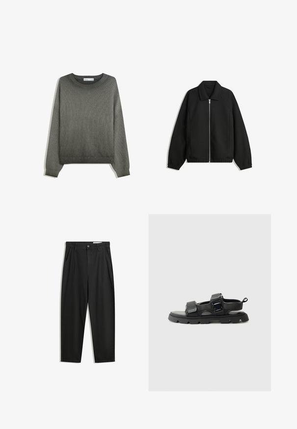 Musta takki, joka on valmistettu teksturoidusta kankaasta ja jossa on koko etuvetoketju, kaulus ja joustavat hihansuut. Takissa on rento istuvuus ja sivutaskut.; Vihreä ribatuksi neulottu neulepaita, jossa on pyöreä pääntie ja pitkät hihat, rento istuvuus ja tekstuuri.; Mustat puuvillahousut rentoa mallia, joissa on klassinen vyötärö, etukangastukset ja sivutaskut. Sileä pinta ilman kuvioita.; Musta sandaalit, joissa on teksturoidusta kankaalta valmistettu päällinen, leveät hihnat, metalliset solkiyksityiskohdat ja paksu kumipohja, jossa on urituskuvio.