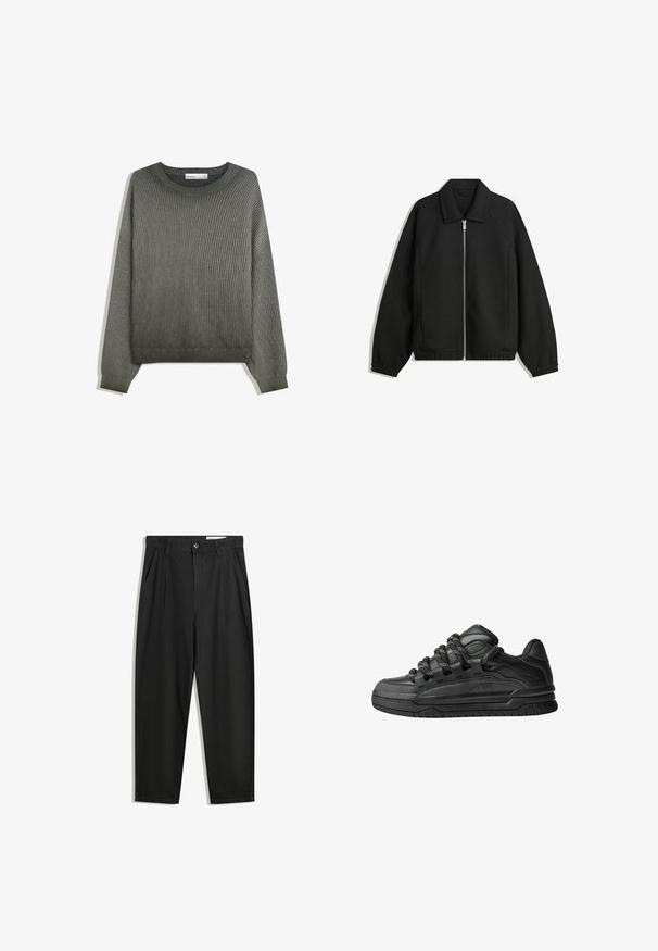 Črna jakna iz teksturirane tkanine, z dvostranskim zadrgo spredaj, ovratnikom in elastičnimi manšeti, sproščenega kroja in stranskimi žepi.; Zelena rebrasta pletena pulover z okroglim izrezom in dolgimi rokavi, ki ima sproščen kroj in teksturo tkanine.; Črne bombažne hlače s sproščenim krojem, ki vključujejo klasičen pas, sprednje gube in stranske žepke. Gladka tekstura brez vzorcev.; Črne superge z gladkim usnjenim zgornjim delom, teksturiranimi detajli in okroglimi črnimi ter belimi vezalkami. Debel gumijast podplat z vzorčastim profilom.
