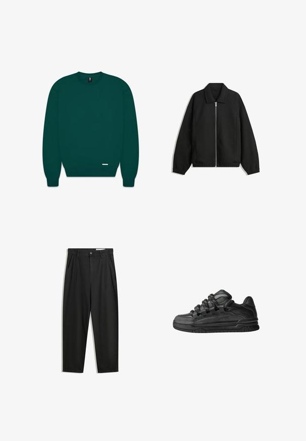 Veste noire en tissu texturé, dotée d'une fermeture éclair sur toute la longueur, d'un col et de poignets élastiques avec une coupe décontractée et des poches latérales.; Sweatshirt à col rond vert foncé, en mélange de coton, avec des poignets et un ourlet côtelés, design minimaliste avec une petite étiquette logo en bas à gauche.; Pantalon en coton noir avec une coupe décontractée, dotés d'une taille classique, de plis à l'avant et de poches latérales. Texture lisse sans motifs.; Baskets noires avec une tige en cuir lisse, des accents texturés et des lacets ronds noir et blanc. Semelle en caoutchouc épaisse avec un motif de semelle.