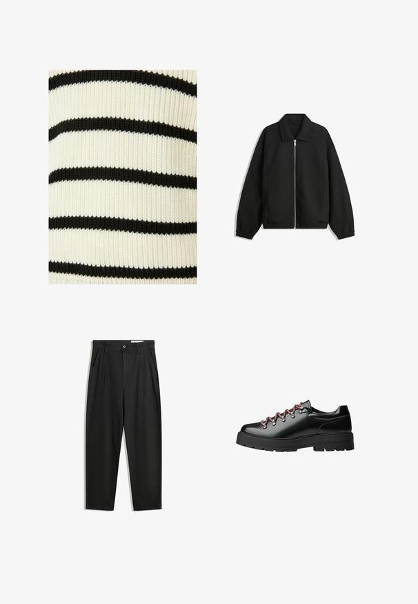 Schwarze Jacke aus strukturiertem Stoff, mit vollem Reißverschluss auf der Vorderseite, Kragen und elastischen Manschetten, im entspannten Schnitt und mit seitlichen Taschen.; Gestreifter Strickstoff mit abwechselnd schwarzen und cremefarbenen horizontalen Linien. Die Textur ist gerippt, was auf Elastizität und Dehnbarkeit hinweist.; Schwarze Baumwollhose mit lockerem Schnitt, ausgestattet mit einem klassischen Bund, vorderen Falten und Seiten taschen. Glatte Textur ohne Muster.; Schwarzer Lederschnürschuh für Wanderungen mit roten und weißen Schnürsenkeln, großen Ösen und einer groben, profilierten Sohle für Grip und Stabilität.