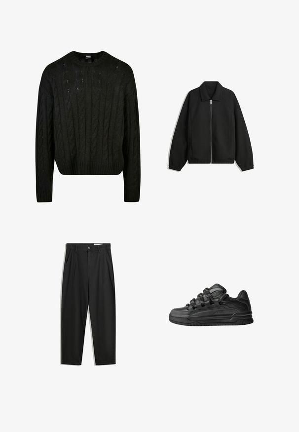 Jachetă neagră dintr-un material texturat, cu fermoar frontal complet, guler și manșete elastice, având o croială lejeră și buzunare laterale.; Pulover negru tricotat cu modele de tip cable knit, guler tip crew, umeri lăsați și tiv ribbit. Design mid-crop cu o finisare texturată.; Pantaloni negri din bumbac cu croială lejeră, având un brâu clasic, plii frontale și buzunare laterale. Textură netedă fără modele.; Adidași negri cu o parte superioară din piele netedă, accente texturate și șireturi rotunde negre și albe. Talpă groasă din cauciuc cu un profil texturat.