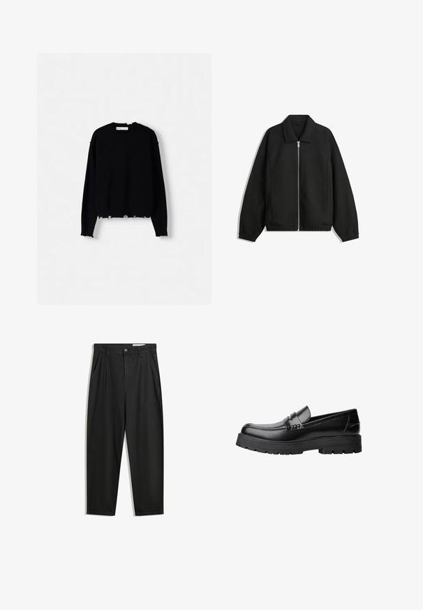 Schwarze Jacke aus strukturiertem Stoff, mit vollem Reißverschluss auf der Vorderseite, Kragen und elastischen Manschetten, im entspannten Schnitt und mit seitlichen Taschen.; Schwarzer Strickpullover mit Rundhalsausschnitt, langen Ärmeln und ausgefranstem Saum. Mit gerippten Bündchen und einem lässigen Schnitt.; Schwarze Baumwollhose mit lockerem Schnitt, ausgestattet mit einem klassischen Bund, vorderen Falten und Seiten taschen. Glatte Textur ohne Muster.; Schwarzer Lederloafer mit grobem, rutschfestem Sohlenprofil und dekorativem Riemen über der Oberseite, seitlich links auf weißem Hintergrund abgebildet.
