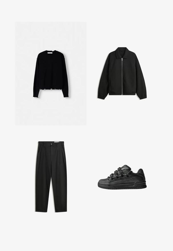 Giacca nera in tessuto texturizzato, con zip frontale a tutta lunghezza, colletto e polsini elasticizzati, dalla vestibilità rilassata e con tasche laterali.; Maglione nero a maglia con collo a giro, maniche lunghe e orlo sfrangiato. Presenta polsi a costine e uno stile comodo e rilassato.; Pantaloni in cotone neri con una vestibilità rilassata, dotati di una vita classica, pieghe frontali e tasche laterali. Tessuto liscio senza fantasie.; Sneaker nere con una toma in pelle liscia, dettagli testurizzati e lacci tondi neri e bianchi. Suola spessa in gomma con battistrada gommato.