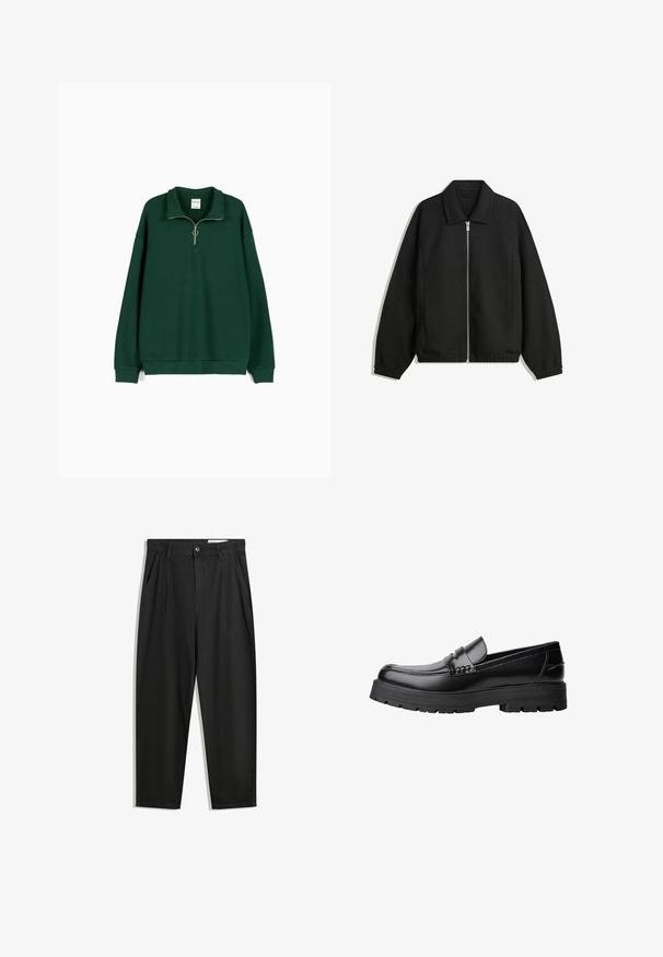 Crna jakna izrađena od teksturirane tkanine, s punim prednjim zatvaračem, ovratnikom i elastičnim manžetama, opuštenog kroja i bočnim džepovima.; Zelena dukserica od mekanog, teksturiranog materijala. Ima zatvarač na vratu, duge rukave i opušteni kroj s rebrastim rubom.; Crne pamučne hlače s opuštenim krojem, s klasičnim pojasom, prednjim nabranjima i bočnim džepovima. Glatka tekstura bez uzoraka.; Crna kožna mokasina s debelim potplatima i dekorativnom trakom preko gornjeg dijela, prikazana u lijevom bočnom profilu na bijeloj pozadini.