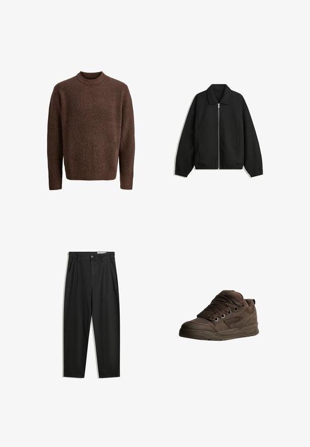 Čierna bunda vyrobená z textúrovaného materiálu, s plným predným zipsom, golierom a elastickými manžetami, so voľnejším strihom a bočnými vreckami.; Hnedý pletený sveter s textúrovaným vzorom, rebrovaným okrúhlym výstrihom a dlhými rukávmi. Vyrobený z mäkkého a teplého materiálu.; Čierne bavlnené nohavice s voľným strihom, s klasickým pásom, prednými záhybmi a bočnými vreckami. Hladká textúra bez vzorov.; Hnedé športové topánky vyrobené z hladkého syntetického materiálu. Vybavené hrubými šnúrkami, mriežkovými akcentmi, vycpaným golierom a textúrovanou gumovou podrážkou.