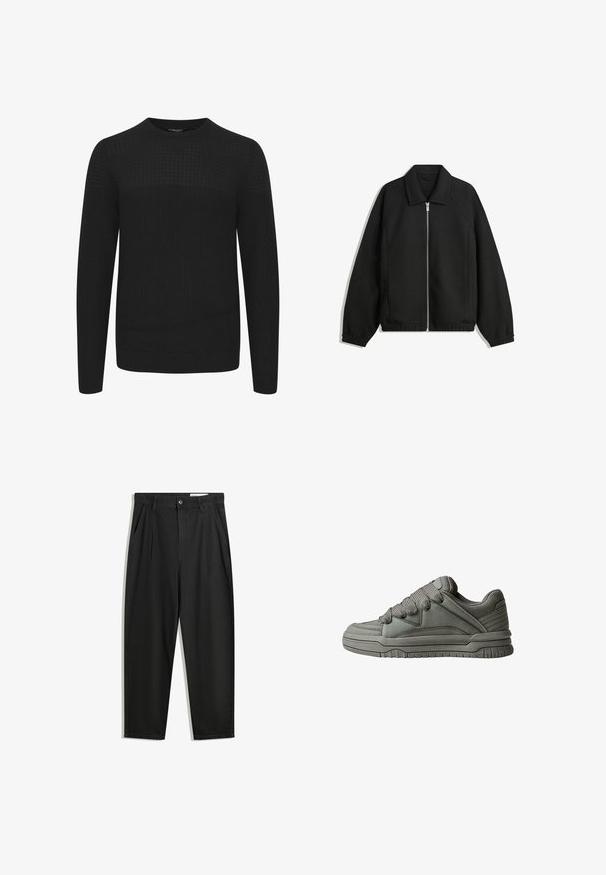Černá bunda vyrobená z texturované látky, s plným předním zipem, límcem a elastickými manžetami, s volným střihem a bočními kapsami.; Černý pletený svetr s kulatým výstřihem, který má texturovanou horní část a žebrované manžety a lem. Vyroben z měkké a teplé tkaniny.; Černé bavlněné kalhoty s uvolněným střihem, klasickým pasem, předními záhyby a bočními kapsami. Hladká textura bez vzorů.; Šedá sportovní bota s texturovaným koženým a síťovaným svrškem, silnou gumovou podrážkou a výrazným polstrovaným jazykem a bočními stranami. K dispozici jsou tkaničky a boční akcenty.