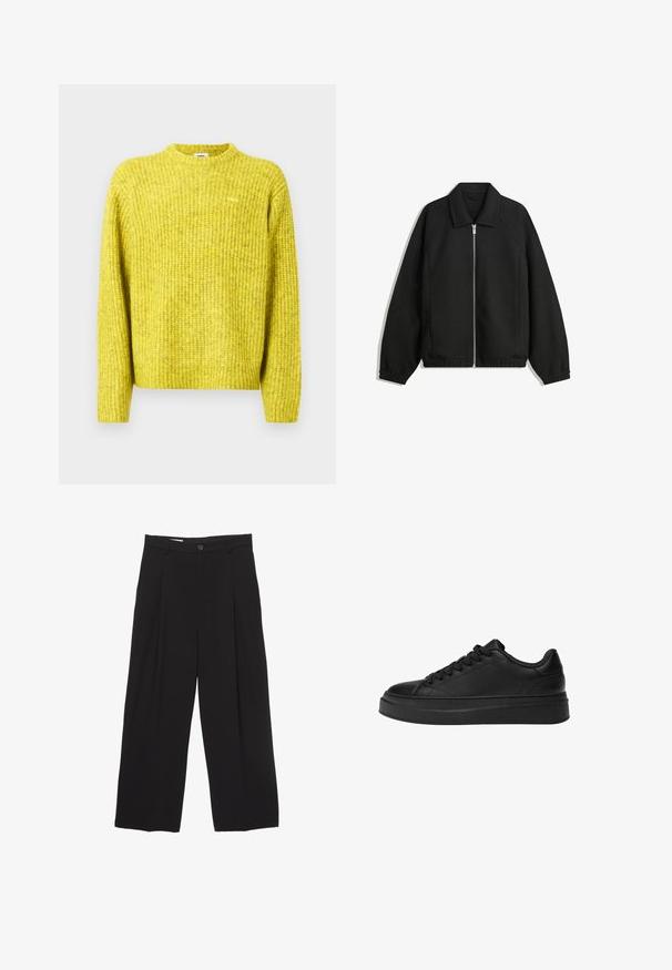 Čierna bunda vyrobená z textúrovaného materiálu, s plným predným zipsom, golierom a elastickými manžetami, so voľnejším strihom a bočnými vreckami.; Žltý pletený sveter s rebrovanou textúrou, okrúhlym výstrihom a dlhými rukávmi; na hrudi má malé logo.; Čierne široké nohavice vyrobené z hladkej tkaniny, s plochým pásom, prednými záhybmi a jedným zapínaním na gombík.; Čierne tenisky vyrobené z hladkej kože, s okrúhlou špičkou, hrubou platformovou podrážkou a tradičným šnurovaním so šiestimi očkami.
