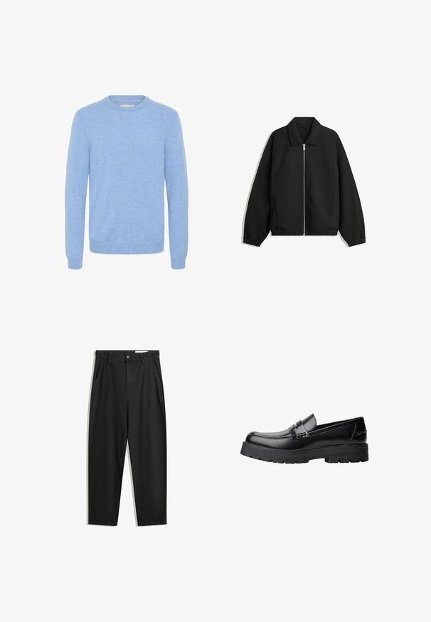 Svart jacka i strukturerad tyg, med full dragkedja framtill, krage och elastiska muddar, med en avslappnad passform och sidofickor.; Mjukt ljusblått crew neck-tröja med långa ärmar och ribbade muddar och nederkant, tillverkad i ett fint stickat tyg.; Svarta bomullsshorts med avslappnad passform, med en klassisk midja, framveck och sidfickor. Slät textur utan mönster.; Svart läderloafer med kraftig mönstrad sula och dekorativ rem över framtill, visad i vänster sidoprofil på vit bakgrund.