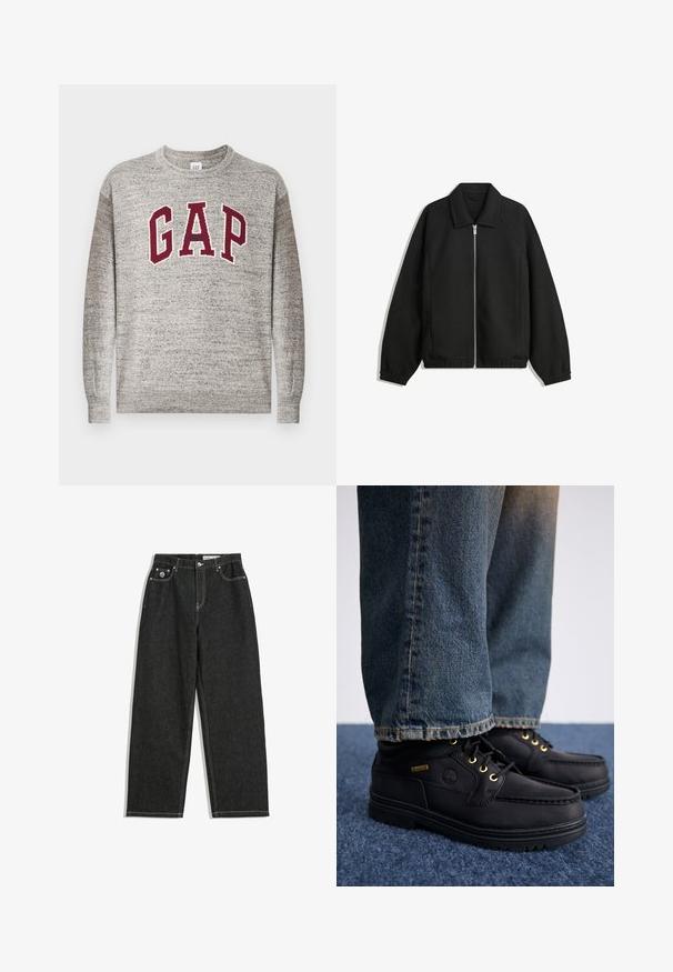 Musta takki, joka on valmistettu teksturoidusta kankaasta ja jossa on koko etuvetoketju, kaulus ja joustavat hihansuut. Takissa on rento istuvuus ja sivutaskut.; Harmaa crewneck-neule, jossa on maroonit "GAP"-kirjaimet ja pieni "Athletic"-teksti keskellä rintaa, ribbarit hihansuissa ja helmassa.; Mustat suorat farkut valkoisella ompelella, viisi taskua, nappi- ja vetoketjukiinnitys sekä pieni logo etu-oikeassa taskussa.; Musta nahkakengät kultaisilla rei'illä ja tekstuuripinnalla, yhdistettynä sinisiin farkkuihin. Kengissä on kerroksellinen pohja ja brändäysyksitys.