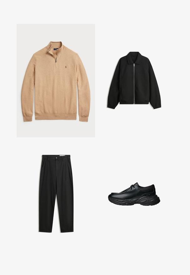 Fekete kabát texturált anyagból, teljes elöl cipzárral, gallérral és rugalmas mandzsettákkal, laza szabással és oldalsó zsebekkel.; Beige cipzáros pulóver struktúrált kötött anyagból, bordás mandzsettákkal és aljúval; kis logóval a mellen.; Fekete pamut nadrág laza szabással, klasszikus derékrésszel, elülső hajtásokkal és oldalsó zsebekkel. Simább textúra minta nélkül.; Fekete bőr slip-on cipők lekerekített orral és vastag, texturált gumitalppal. Finom varrásokkal és elasztikus részletekkel rendelkezik a nyaknál.
