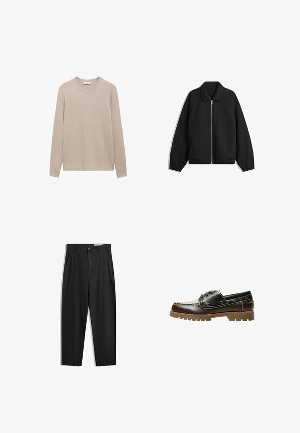Svart jacka i strukturerad tyg, med full dragkedja framtill, krage och elastiska muddar, med en avslappnad passform och sidofickor.; Beige ribbat stickad tröja med rund halsringning, långa ärmar och rak nederkant. Mjuk textur och neutral färg som är lämplig för lager-på-lager.; Svarta bomullsshorts med avslappnad passform, med en klassisk midja, framveck och sidfickor. Slät textur utan mönster.; Brun och svart lädersko i båtstil med snörning, kontrastsömmar och en texturerad gummisula. Har metalldetaljer vid hålen för snörena och en rundad tå.