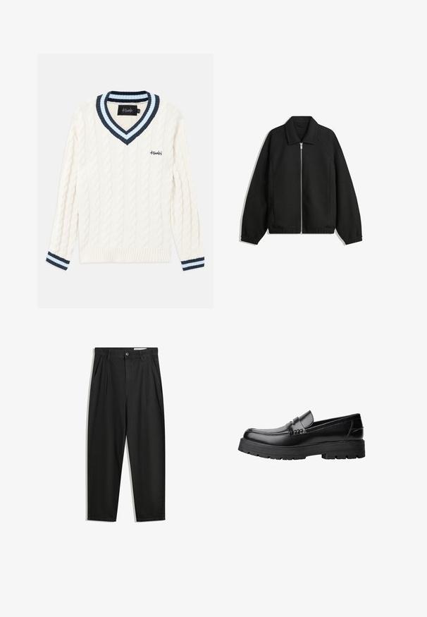 Schwarze Jacke aus strukturiertem Stoff, mit vollem Reißverschluss auf der Vorderseite, Kragen und elastischen Manschetten, im entspannten Schnitt und mit seitlichen Taschen.; Cremfarbener gestrickter Pullover mit Zopfmuster, V-Ausschnitt und dunkelblauem sowie hellblauem gestreiftem Saum an Kragen und Manschetten.; Schwarze Baumwollhose mit lockerem Schnitt, ausgestattet mit einem klassischen Bund, vorderen Falten und Seiten taschen. Glatte Textur ohne Muster.; Schwarzer Lederloafer mit grobem, rutschfestem Sohlenprofil und dekorativem Riemen über der Oberseite, seitlich links auf weißem Hintergrund abgebildet.