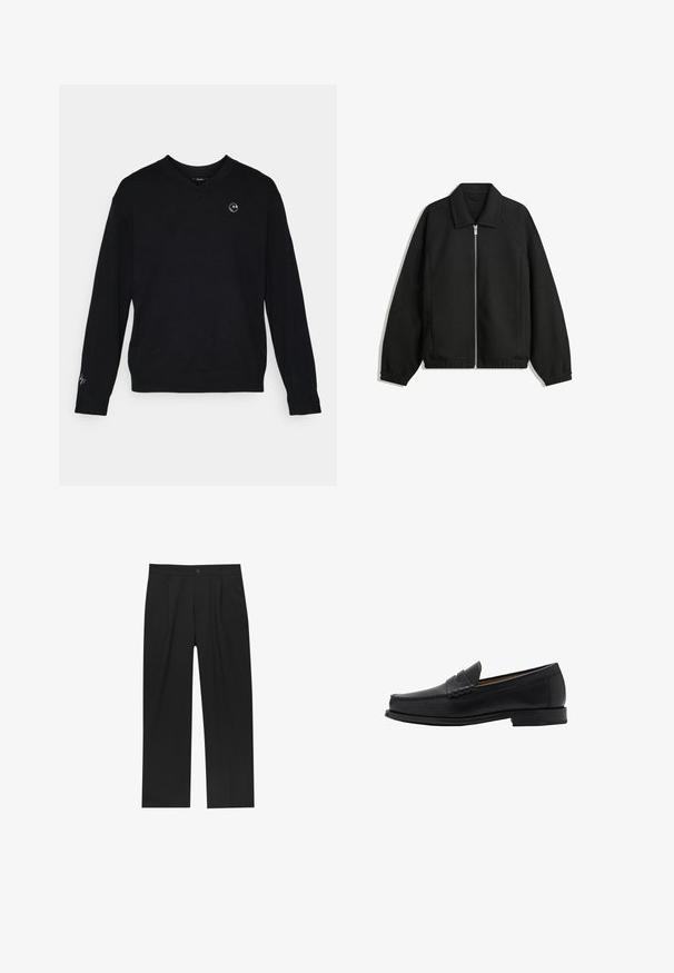 Černá bunda vyrobená z texturované látky, s plným předním zipem, límcem a elastickými manžetami, s volným střihem a bočními kapsami.; Černý svetr s V-výstřihem vyrobený z měkké látky, s dlouhými rukávy. Na levé straně hrudi se nachází malé kulaté logo; diskrétní výšivek na levém rukávu.; Černé kalhoty s rovnými nohavicemi, vyrobené z hladké tkaniny. Mají přední záhyby a jedno knoflíkové zapínání v pase.; Mango Elegantní nazouvací boty - black