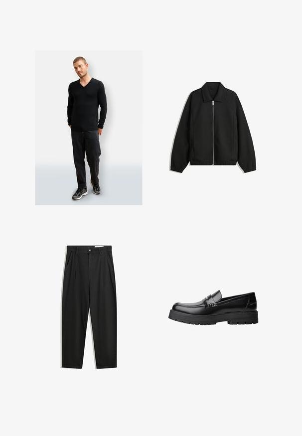 Schwarze Jacke aus strukturiertem Stoff, mit vollem Reißverschluss auf der Vorderseite, Kragen und elastischen Manschetten, im entspannten Schnitt und mit seitlichen Taschen.; Schwarzer V-Ausschnitt-Pullover aus weichem Material, kombiniert mit lockeren schwarzen Hosen und sportlichen schwarzen Sneakern. Einfaches, klares Design mit gerippten Bündchen.; Schwarze Baumwollhose mit lockerem Schnitt, ausgestattet mit einem klassischen Bund, vorderen Falten und Seiten taschen. Glatte Textur ohne Muster.; Schwarzer Lederloafer mit grobem, rutschfestem Sohlenprofil und dekorativem Riemen über der Oberseite, seitlich links auf weißem Hintergrund abgebildet.