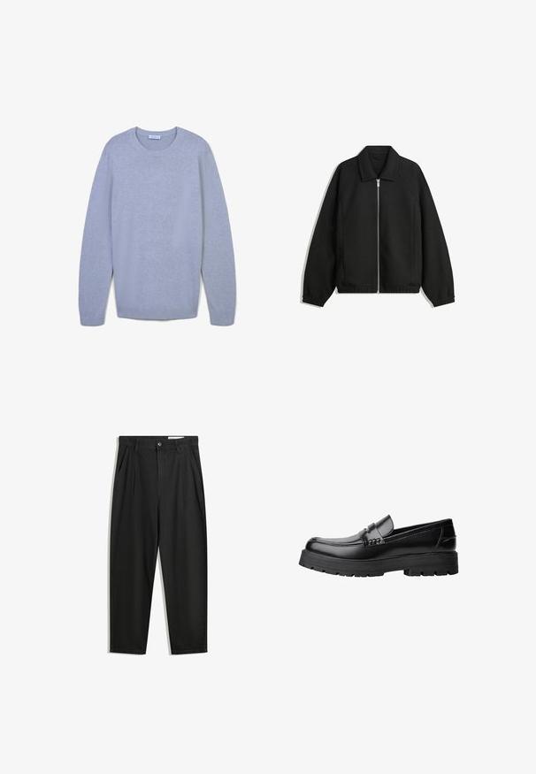 Schwarze Jacke aus strukturiertem Stoff, mit vollem Reißverschluss auf der Vorderseite, Kragen und elastischen Manschetten, im entspannten Schnitt und mit seitlichen Taschen.; Hellgrauer, langärmliger Rundhals-Pullover mit gerippten Bündchen und Saum, flach vor einem weißen Hintergrund präsentiert.; Schwarze Baumwollhose mit lockerem Schnitt, ausgestattet mit einem klassischen Bund, vorderen Falten und Seiten taschen. Glatte Textur ohne Muster.; Schwarzer Lederloafer mit grobem, rutschfestem Sohlenprofil und dekorativem Riemen über der Oberseite, seitlich links auf weißem Hintergrund abgebildet.