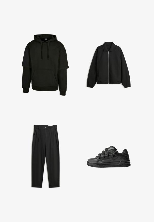 Fekete kabát texturált anyagból, teljes elöl cipzárral, gallérral és rugalmas mandzsettákkal, laza szabással és oldalsó zsebekkel.; Fekete kapucnis pulóver kenguruzsebbel, húzózsinórral ellátott kapucnival és hosszított szabású rövid ujjakkal. Puha, texturált anyagból készült.; Fekete pamut nadrág laza szabással, klasszikus derékrésszel, elülső hajtásokkal és oldalsó zsebekkel. Simább textúra minta nélkül.; Fekete sportcipők sima bőrből készült felső résszel, struktúrált kiegészítőkkel, valamint kerek fekete és fehér fűzőkkel. Vastag gumitalp mintázott bordázattal.