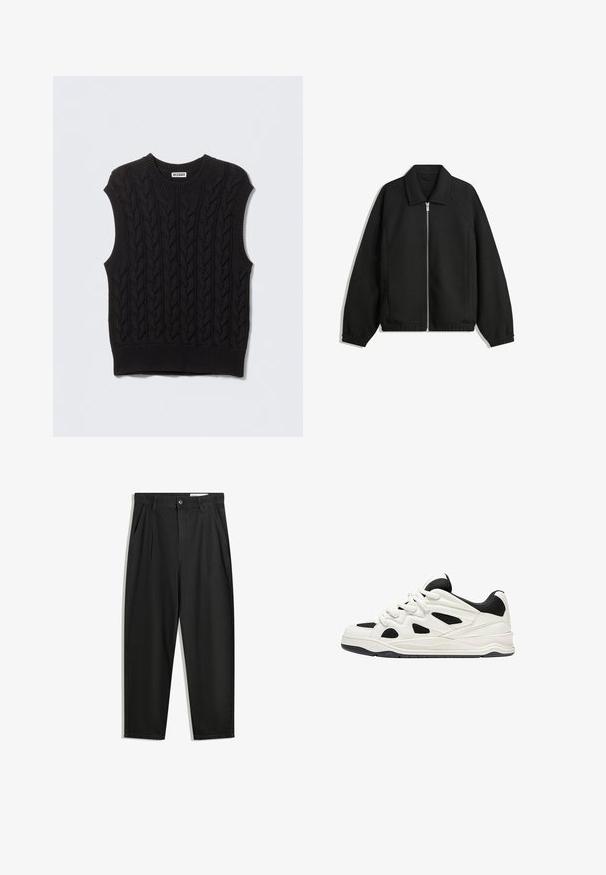 Giacca nera in tessuto texturizzato, con zip frontale a tutta lunghezza, colletto e polsini elasticizzati, dalla vestibilità rilassata e con tasche laterali.; Maglione senza maniche nero lavorato a maglia con motivo a trecce, scollo tondo e orlo a coste. Realizzato in tessuto testurizzato per mantenere il calore.; Pantaloni in cotone neri con una vestibilità rilassata, dotati di una vita classica, pieghe frontali e tasche laterali. Tessuto liscio senza fantasie.; Scarpe da ginnastica bianche e nere con suola testurizzata, caratterizzate da intagli sui lati e lacci, e una schiena imbottita per il supporto.