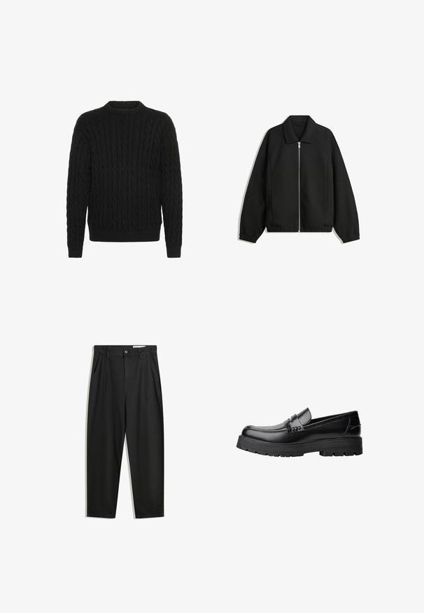 Svart jacka i strukturerad tyg, med full dragkedja framtill, krage och elastiska muddar, med en avslappnad passform och sidofickor.; Solid SDMALCOLM - Stickad tröja - true black; Svarta bomullsshorts med avslappnad passform, med en klassisk midja, framveck och sidfickor. Slät textur utan mönster.; Svart läderloafer med kraftig mönstrad sula och dekorativ rem över framtill, visad i vänster sidoprofil på vit bakgrund.