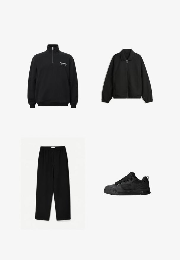 Črna jakna iz teksturirane tkanine, z dvostranskim zadrgo spredaj, ovratnikom in elastičnimi manšeti, sproščenega kroja in stranskimi žepi.; Črna mikica s visokim ovratnikom in pol zadrgo, ki ima belo natisnjen napis na levem prsnem delu. Narejena je iz bombaža, z mehko teksturo.; Črne široke hlače iz lahkotnega materiala. Imajo elastičen pas in gladko teksturo. Brez vidnih vzorcev ali dodatkov.; Črne superge z teksturiranim zgornjim delom, opremljene z vezalkami, mrežastimi dodatki za zračnost, oblazinjenim ovratnikom in trdnim podplatom.