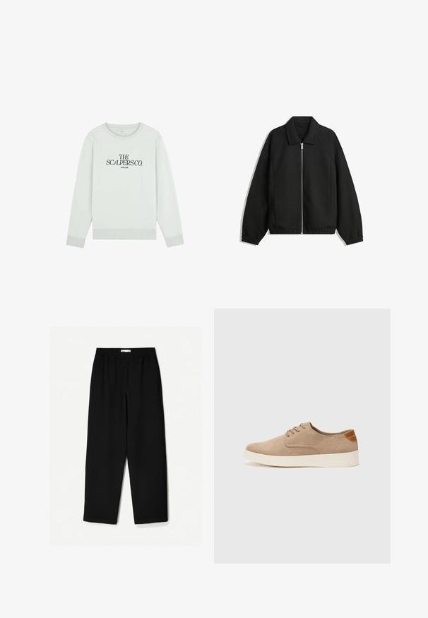 Zwarte jas van textuurstof, met een volledige rits aan de voorkant, een kraag, elastische manchetten, een ontspannen pasvorm en zijzakken.; Scalpers ATELIER - Sweater - light mint; Zwarte, wijde broek van een lichtgewicht stof. Voorzien van een elastische tailleband en een soepele textuur. Geen zichtbare patronen of hardware.; Beige suède sneakers met een ronde neus, vetersluiting aan de voorkant en een getextureerde achteraccent. De witte rubberen zool zorgt voor contrast. Eenvoudig en modern ontwerp.