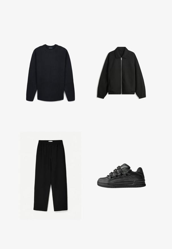 Schwarze Jacke aus strukturiertem Stoff, mit vollem Reißverschluss auf der Vorderseite, Kragen und elastischen Manschetten, im entspannten Schnitt und mit seitlichen Taschen.; Schwarzer gestrickter Pullover mit Rundhalsausschnitt, langen Ärmeln und gerippten Kanten. Weiche Textur und einfarbig, keine sichtbaren Muster oder Verzierungen.; Schwarze, weit geschnittene Hose aus leichtem Stoff. Mit elastischem Bund und glatter Textur. Keine sichtbaren Muster oder Beschläge.; Schwarze Sneakers mit einem glatten Leder-Obermaterial, strukturierten Akzenten und runden schwarz-weißen Schnürsenkeln. Dicke Gummisohle mit einem gemusterten Profil.