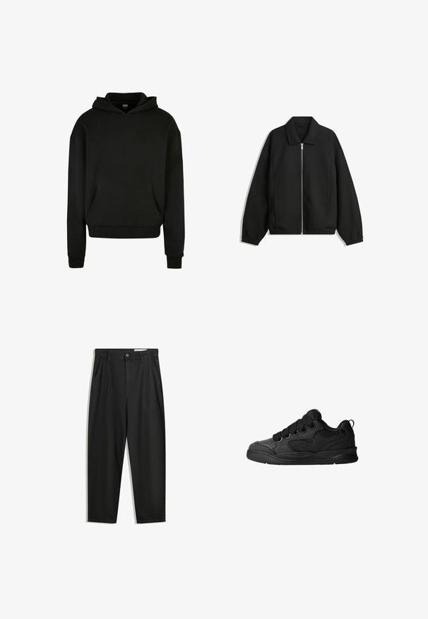 Čierna bunda vyrobená z textúrovaného materiálu, s plným predným zipsom, golierom a elastickými manžetami, so voľnejším strihom a bočnými vreckami.; Čierna mikina s kapucňou vyrobená z mäkkého materiálu, so prednou kapsou, rebrovanými manžetami a uvoľneným strihom.; Čierne bavlnené nohavice s voľným strihom, s klasickým pásom, prednými záhybmi a bočnými vreckami. Hladká textúra bez vzorov.; Čierne tenisky s textúrovaným zvrškom, s šnúrkami, sieťovinovými akcentmi pre priedušnosť, polstrovaným golierom a pevnou podošvou.