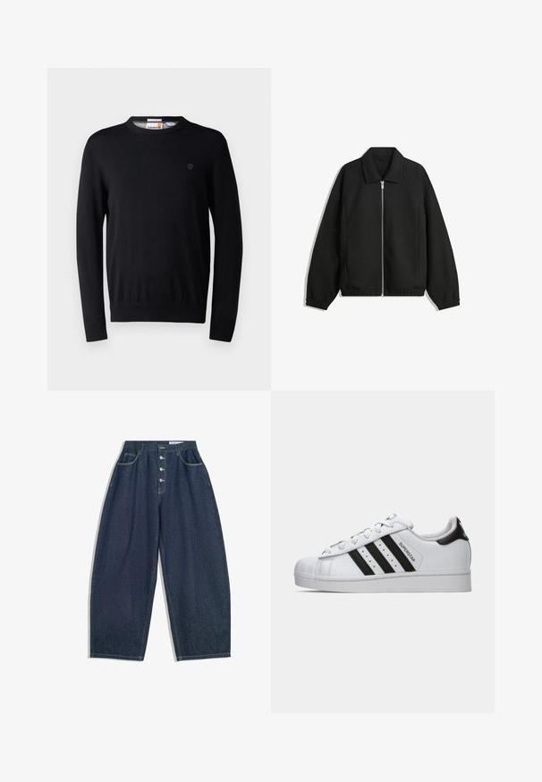 Czarna kurtka z teksturowanej tkaniny, z pełnym zamkiem z przodu, kołnierzem i elastycznymi mankietami, o luźnym kroju i kieszeniach po bokach.; Czarny sweter z dzianiny z okrągłym dekoltem, długimi rękawami, ściągaczami u rękawów i u dołu, oraz małym logo na piersi. Miękka tekstura.; Granatowe, dżinsowe spodnie w szerokim kroju z wysokim stanem, pięcioma guzikami i pięcioma kieszeniami. Posiadają przeszycia na szwach.; Białe sneakersy Adidas Superstar z czarnymi paskami, noskiem w kształcie muszli i napisem "Superstar" z boku, pokazane w lewym profilu na białym tle.