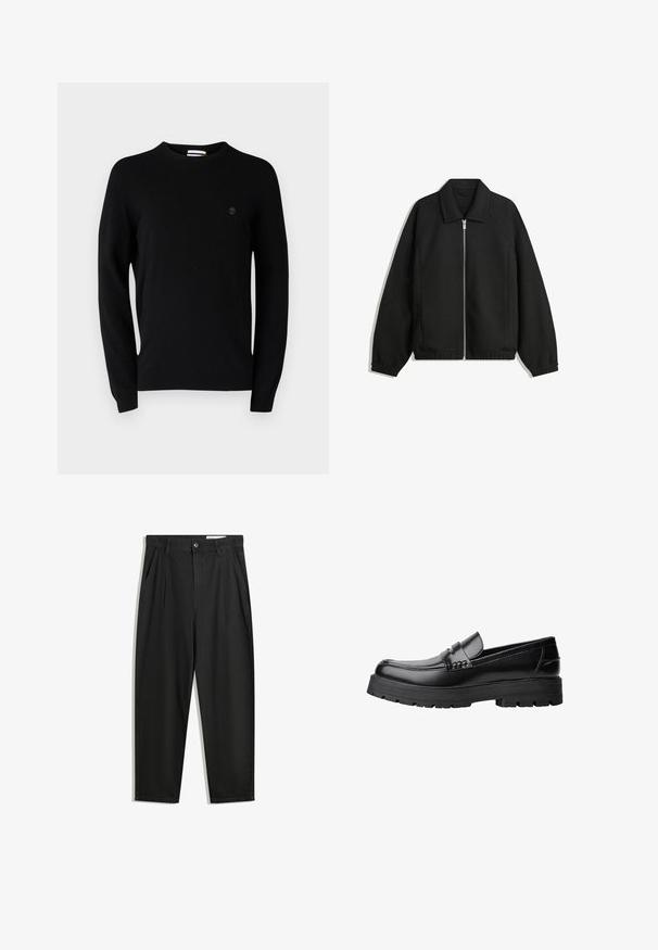 Schwarze Jacke aus strukturiertem Stoff, mit vollem Reißverschluss auf der Vorderseite, Kragen und elastischen Manschetten, im entspannten Schnitt und mit seitlichen Taschen.; Schwarzer Rundhalspullover aus weichem Material, mit langen Ärmeln und einem dezenten Logo auf der Brust. Einfaches Design, ohne Muster oder Akzente.; Schwarze Baumwollhose mit lockerem Schnitt, ausgestattet mit einem klassischen Bund, vorderen Falten und Seiten taschen. Glatte Textur ohne Muster.; Schwarzer Lederloafer mit grobem, rutschfestem Sohlenprofil und dekorativem Riemen über der Oberseite, seitlich links auf weißem Hintergrund abgebildet.